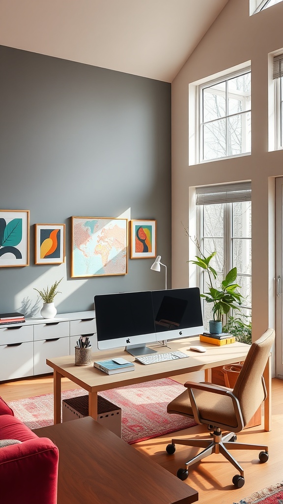 A stylish home office in a double height living room featuring colorful wall art, a red couch, and plants.