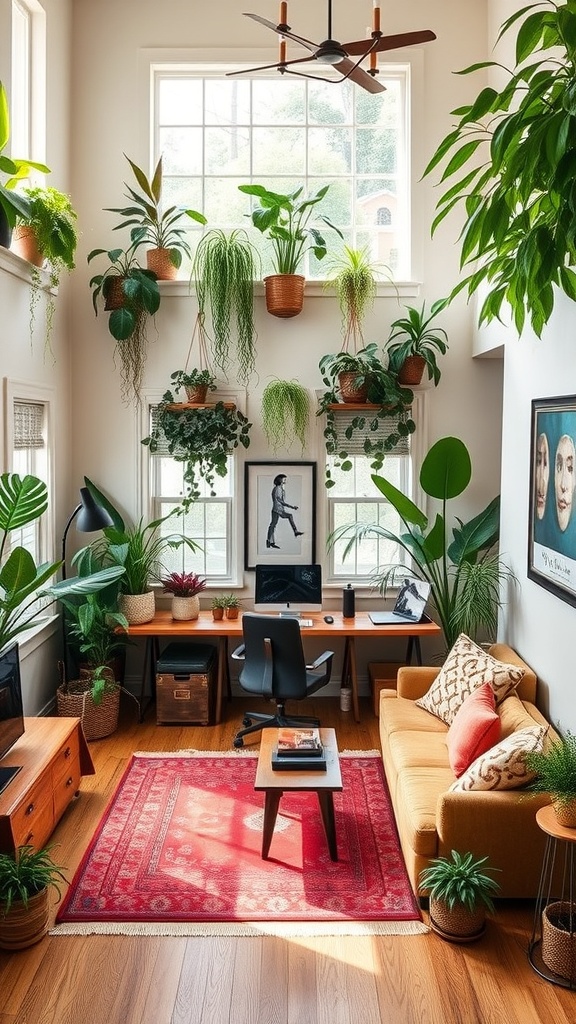 A cozy home office in a double height living room filled with various indoor plants.