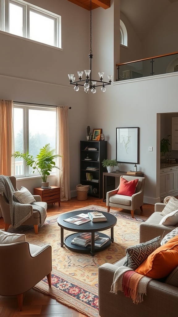 Cozy double height living room with soft textiles, comfortable chairs, and a stylish rug.