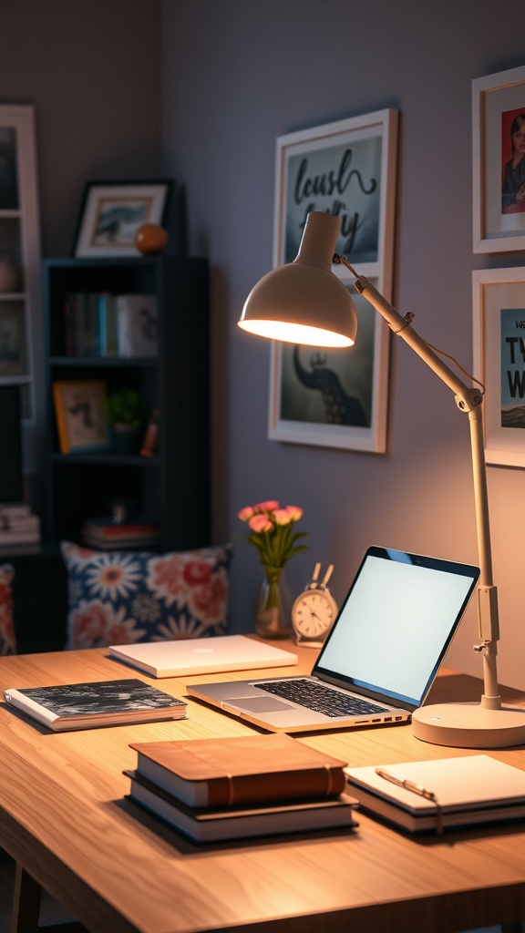 A stylish adjustable desk lamp illuminating a modern home office workspace with a laptop and books.