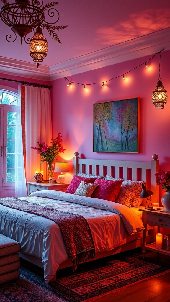 A cozy summer bedroom with pink walls, warm lighting, and decorative elements.