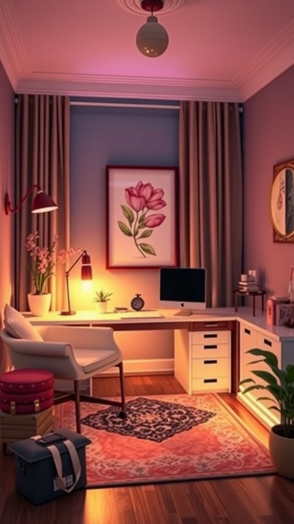 A cozy home office with warm ambient lighting, featuring a desk, computer, and decorative elements.