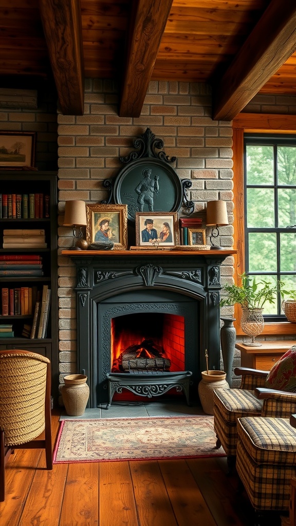Antique cast iron fireplace in a rustic cabin home office setting