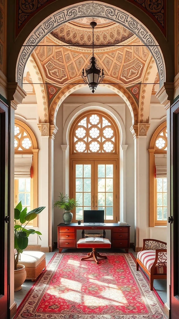 A beautifully designed home office featuring arched doorways and windows, with intricate ceiling details and warm wooden accents.