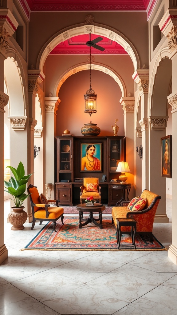 A beautifully designed home office featuring architectural symmetry with ornate arches, warm colors, and traditional Indian decor.