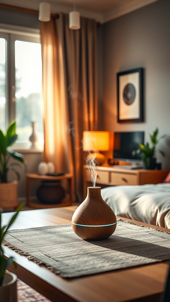 A wooden aromatherapy diffuser emitting mist in a cozy home office setting.