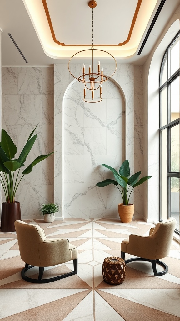 Chic Art Deco inspired interior with geometric patterns and plants, showcasing a blend of modern and organic design