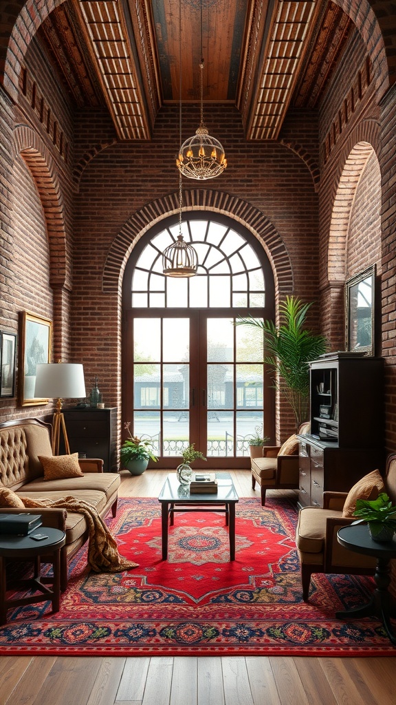Interior of a room with brick walls, high ceilings, and elegant furnishings, showcasing Art Deco style.