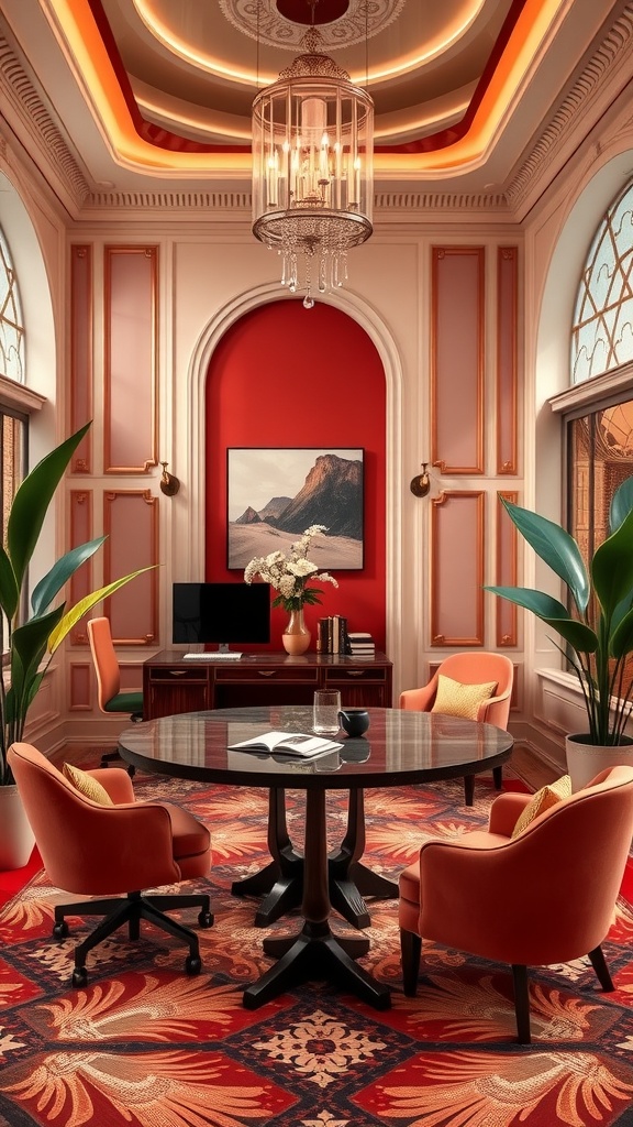 A beautifully designed home office featuring Art Deco elements, with red walls, a round table, and elegant chairs.