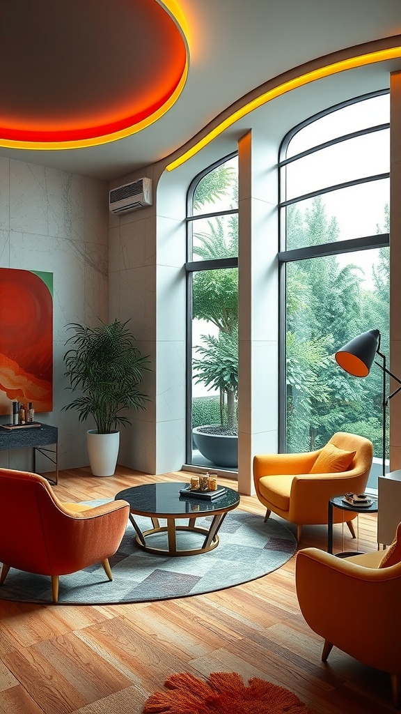 A modern home office with Art Deco design elements, featuring orange chairs, large windows, and a round coffee table.