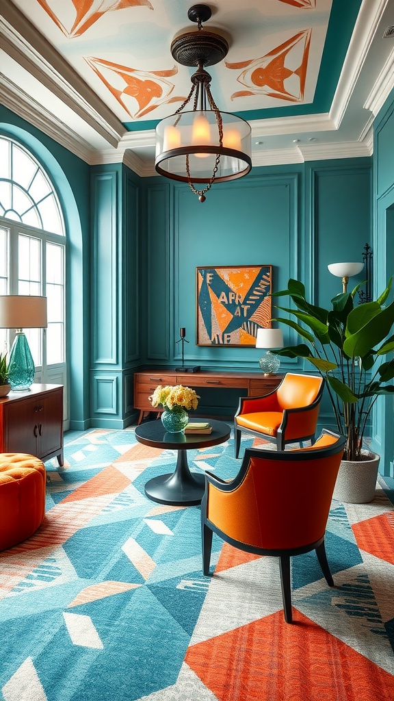 A vibrant home office featuring Art Deco style with teal walls, geometric patterns, and bold orange furniture.