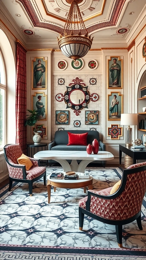 A stylish home office featuring Art Deco design elements, with ornate ceiling, vibrant artwork, and elegant furniture.