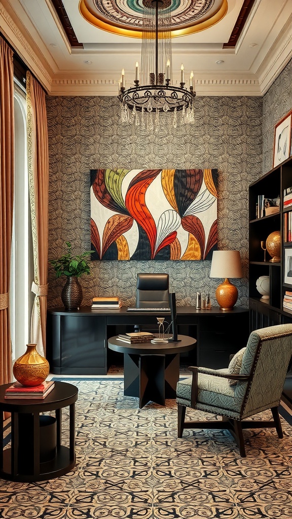 A luxurious home office featuring Art Deco design elements, including a chandelier, patterned wallpaper, and stylish furniture.