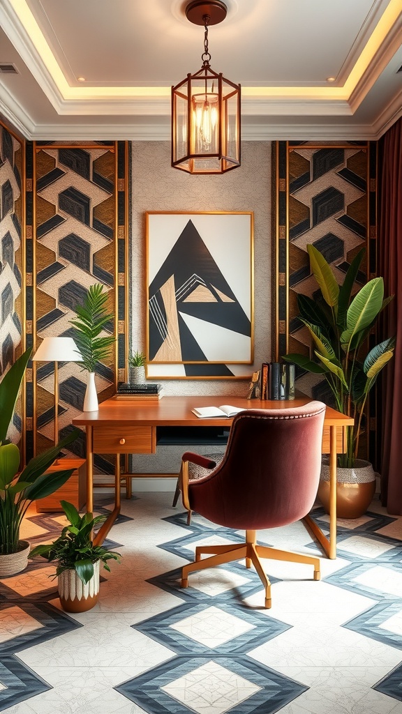 An elegant Art Deco glam office featuring black and gold walls, a white desk, an orange chair, and lush plants.
