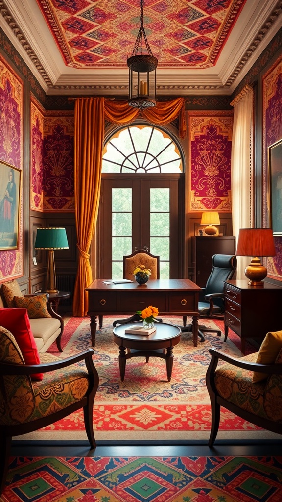 A beautifully designed home office featuring Art Deco and Indian architectural elements, with vibrant colors and intricate patterns.