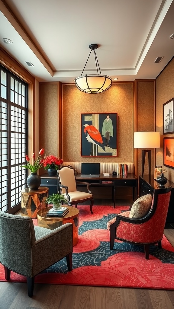 A stylish home office featuring Art Deco and Japanese design elements, with shoji screens, elegant furniture, and cultural artwork.