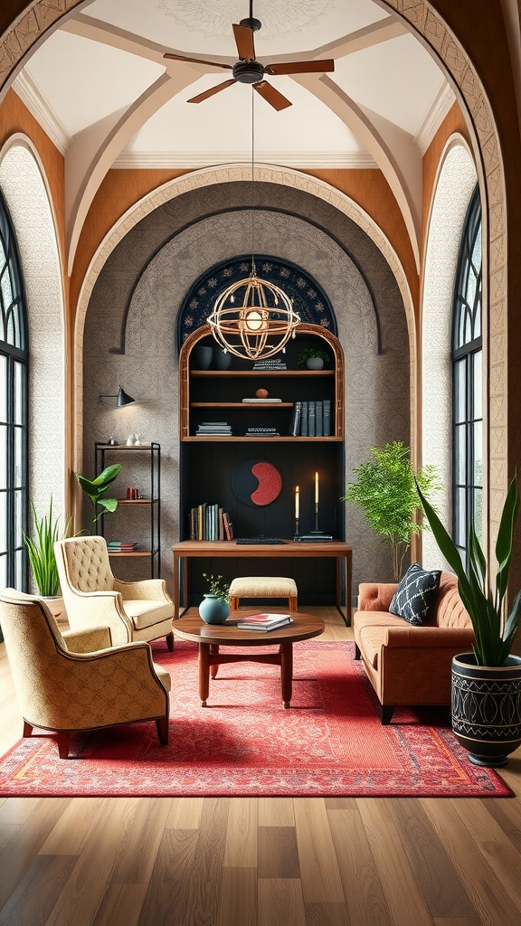 A cozy home office featuring Art Deco mosque-inspired architecture with elegant arches and warm colors.