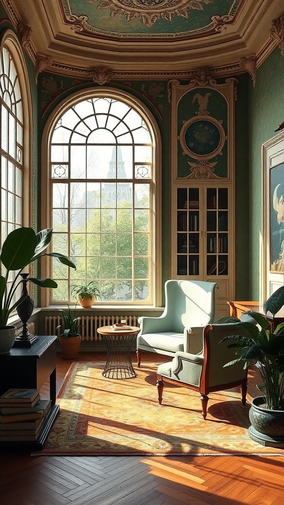 A beautifully designed home office inspired by Art Nouveau, featuring large windows, elegant furniture, and intricate ceiling details.