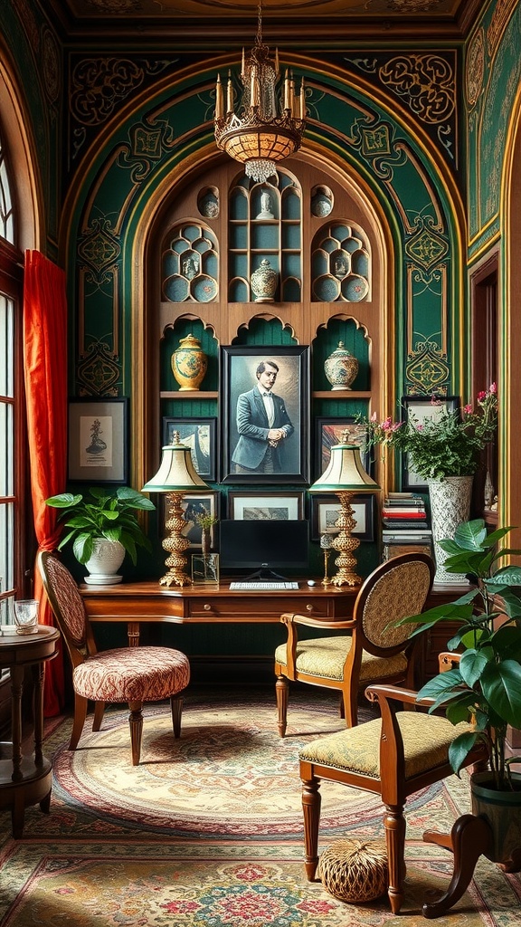 A beautifully designed home office featuring Art Nouveau architecture elements, with intricate wall designs, elegant furniture, and decorative accessories.