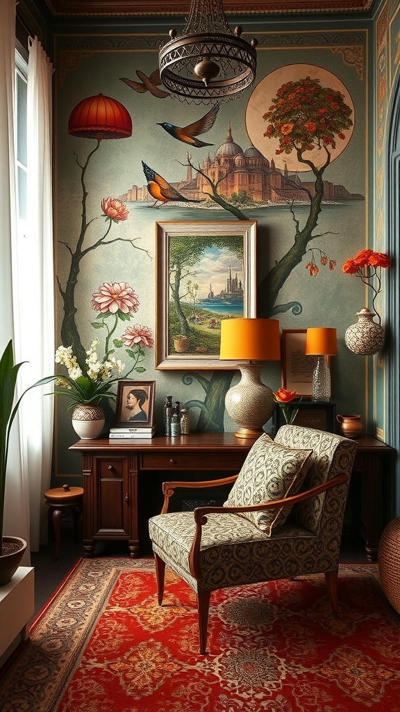 A cozy home office featuring Art Nouveau inspired wall art with floral designs and birds, complemented by elegant furniture.