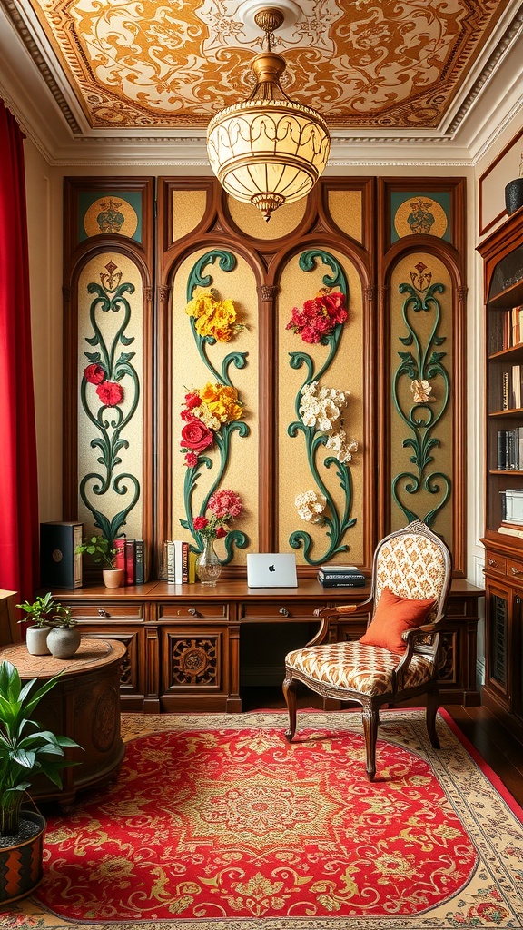 Art Nouveau inspired wall panels in a home office with floral designs and warm wood tones.