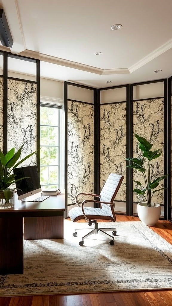 A home office featuring a Mughal architecture-inspired partition screen with intricate designs, a desk, and decorative elements.