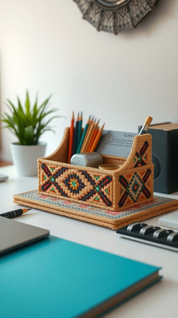 A wooden desk organizer holding pens, pencils, and a smartphone on a desk with a computer and notebook.