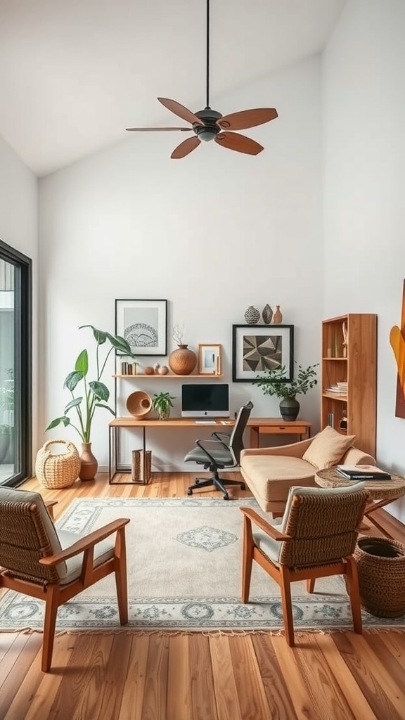 A cozy and stylish home office featuring wooden furniture, natural decor, and plants.