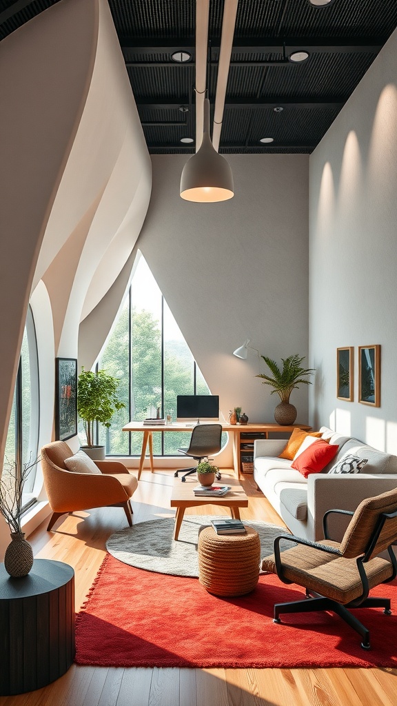 A modern home office featuring artisan craftsmanship, with curved walls, large windows, and a mix of contemporary furniture