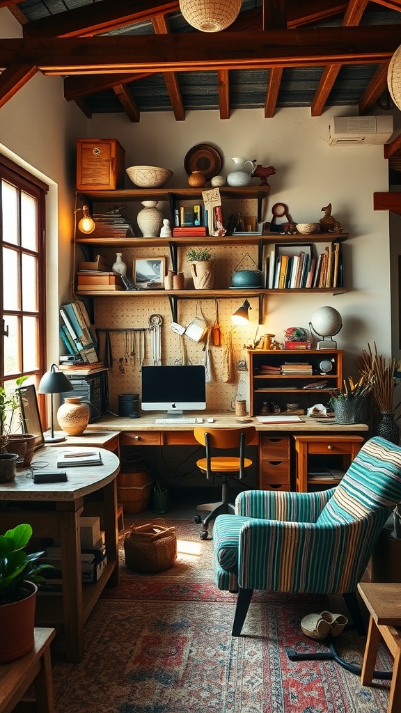 A cozy artisan workshop home office with wooden furniture, shelves filled with books and decor, and a comfortable chair.