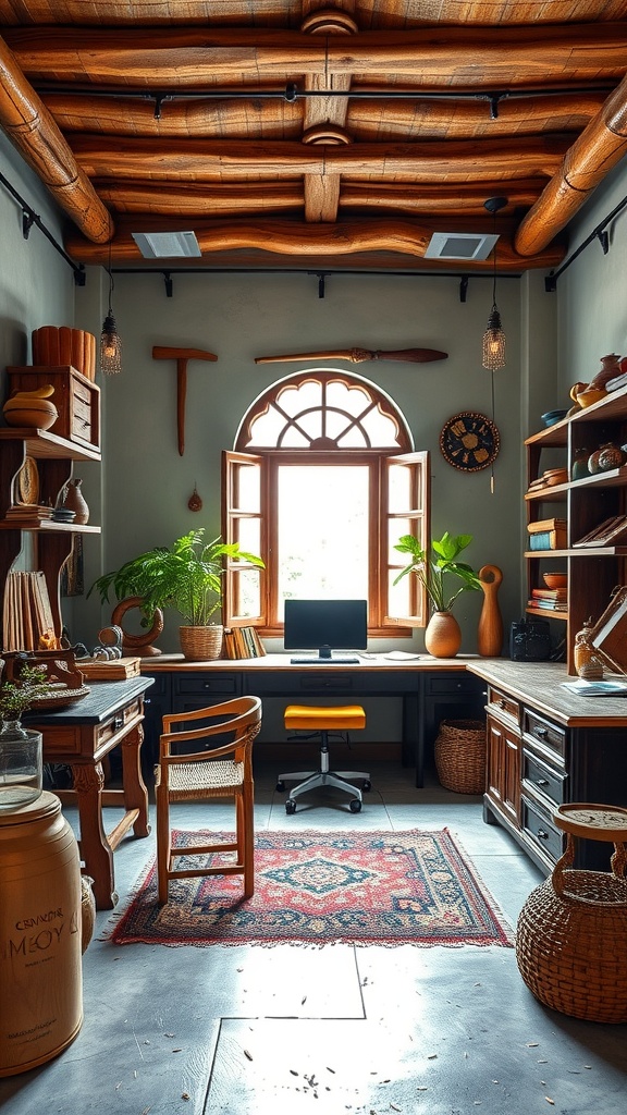 A cozy artisan workshop-style home office with wooden beams, a large window, and handcrafted furniture.