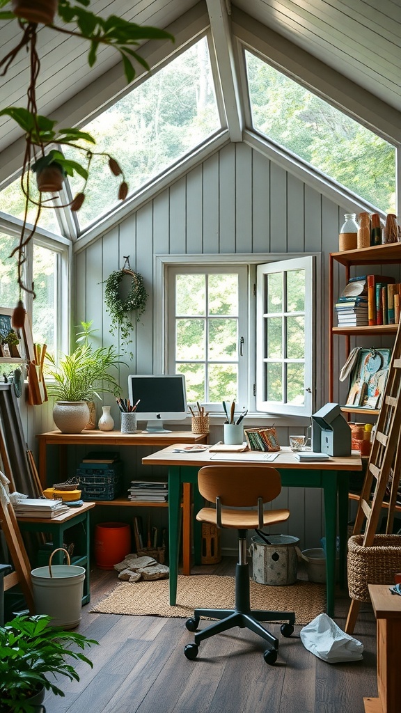Cozy artisan workshop office with large windows, wooden desk, and plants