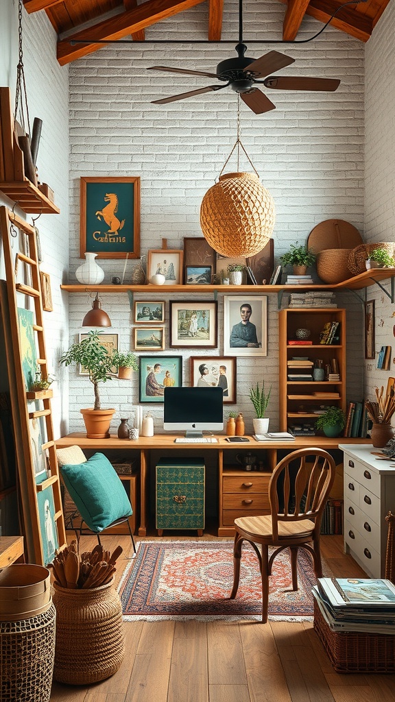 A cozy home office with wooden beams, white walls, and a mix of plants and art, creating an artisan workshop vibe.
