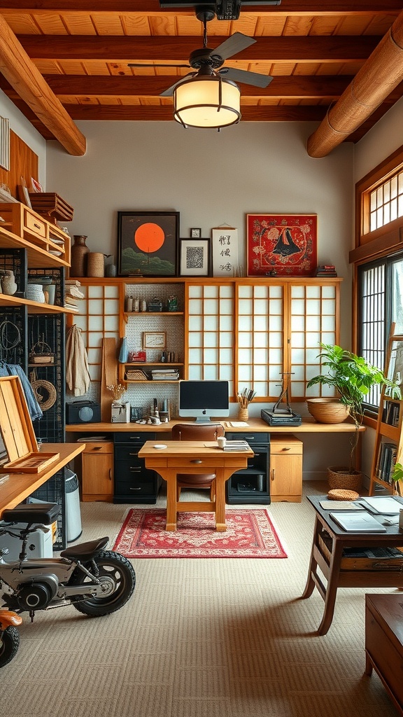 Cozy home office with wooden beams, shoji screens, and a warm atmosphere