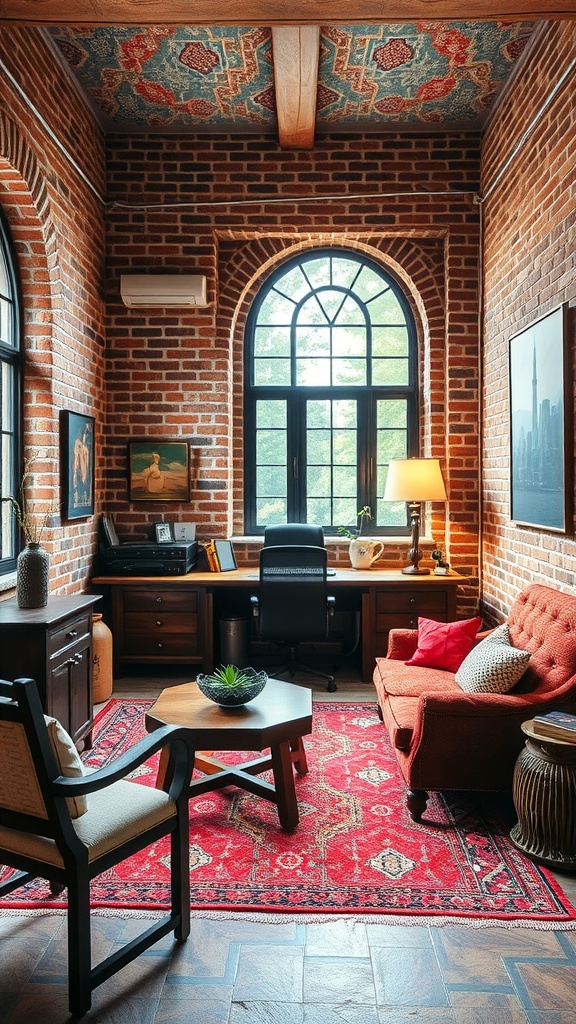 A rustic office with brick walls, wooden furniture, and a cozy atmosphere.