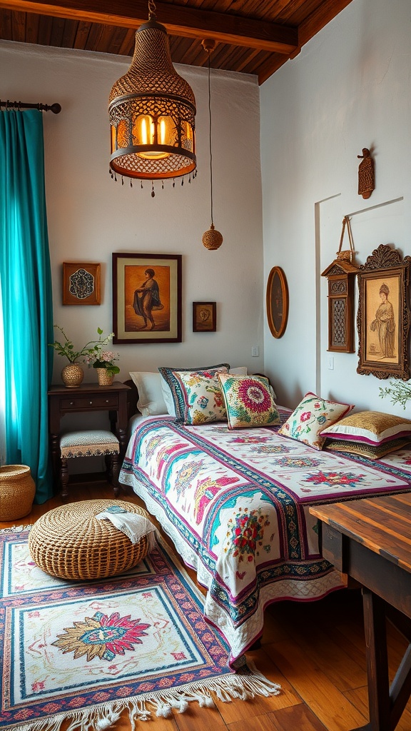 Cozy summer bedroom featuring artisanal crafts, vibrant textiles, and warm lighting.
