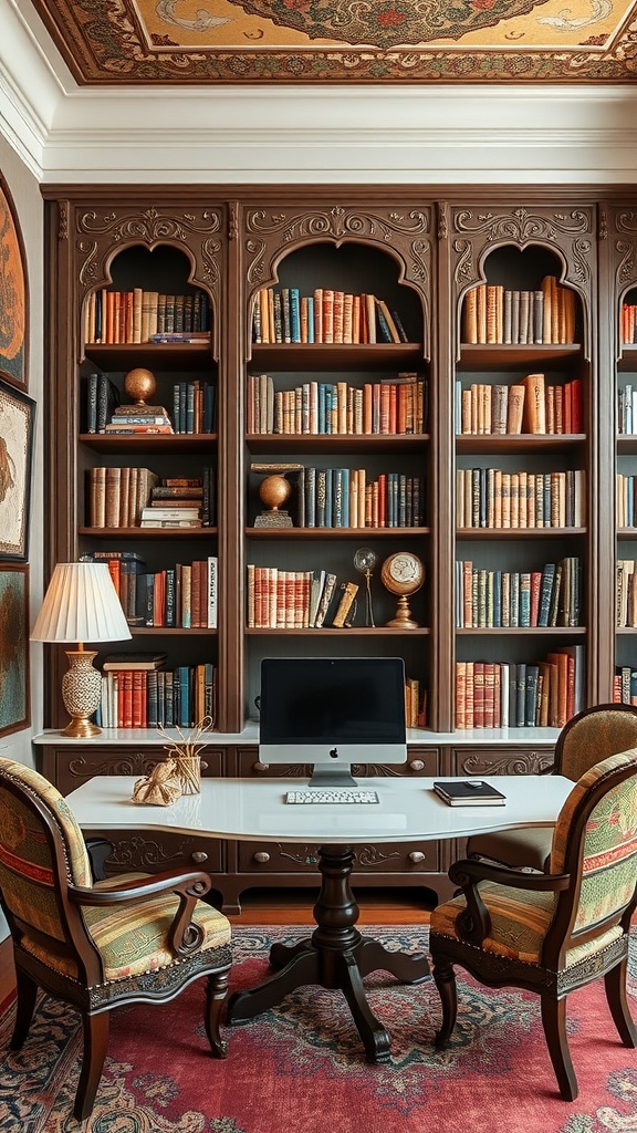 A stylish home office featuring an art nouveau style bookcase filled with books, a modern computer, and elegant decor.