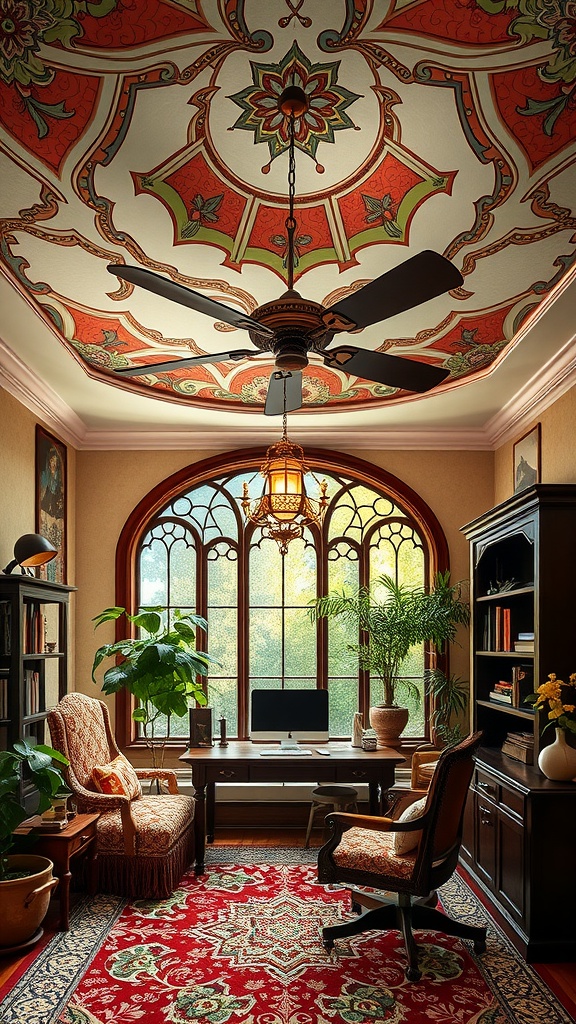 A cozy home office with an artistic ceiling fan and intricate ceiling design in art nouveau style.
