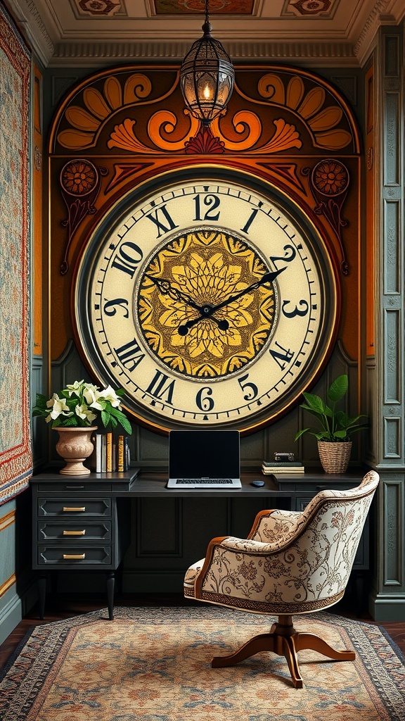 Art nouveau style clock in a home office setting