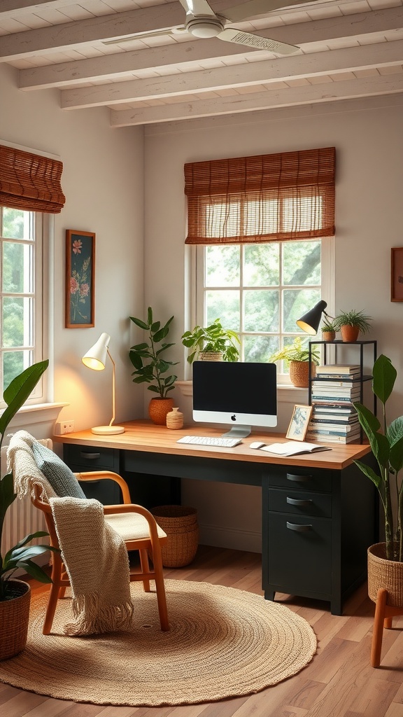 A stylish home office with a wooden desk, computer, plants, and a cozy chair, reflecting a summer aesthetic.