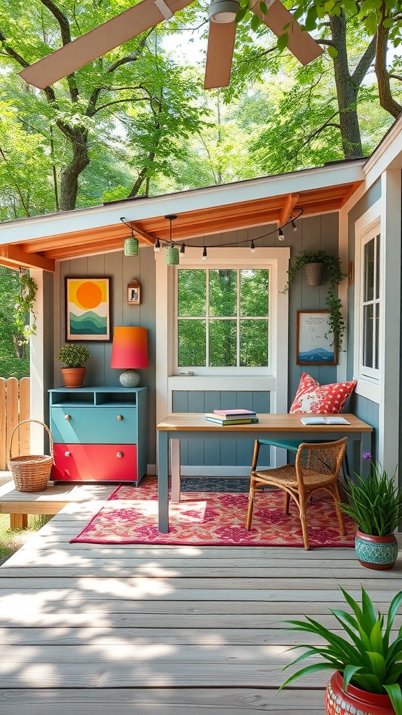 A cozy outdoor workspace in a summer house with colorful decor and natural surroundings.