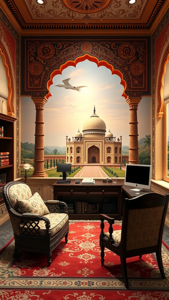 A home office featuring a mural of Mughal architecture, showcasing intricate designs and a view of the Taj Mahal.