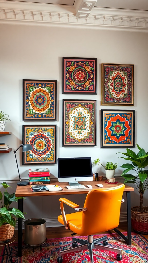 An artistic wall display featuring colorful prints in a home office setting.