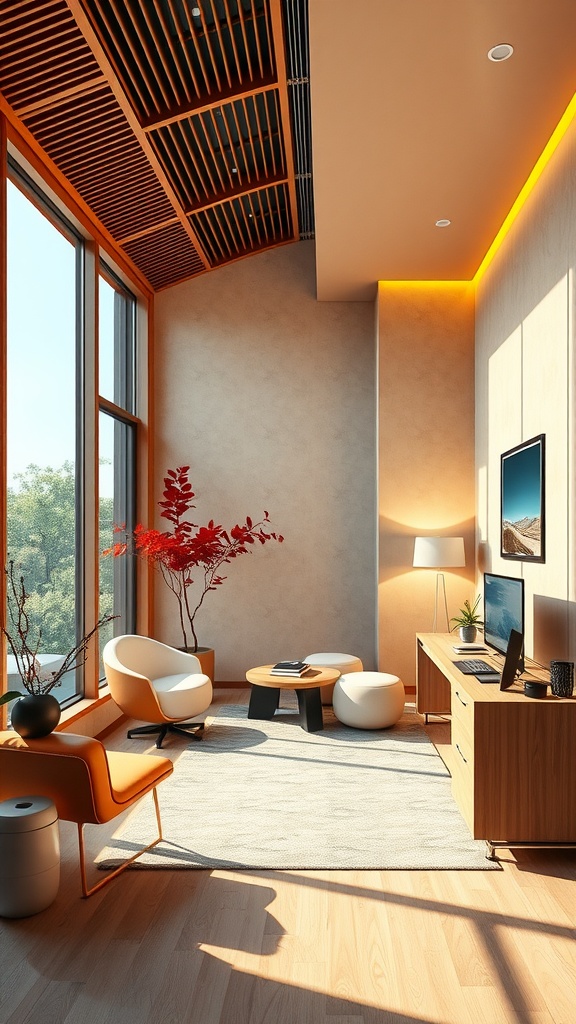 A modern home office with Asian-inspired aesthetics, featuring large windows, wooden elements, and minimalist furniture.