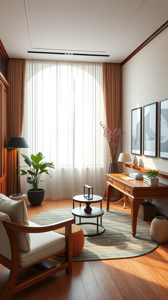 A cozy home office with wooden furniture, soft textiles, and plants, showcasing Asian Fusion design.