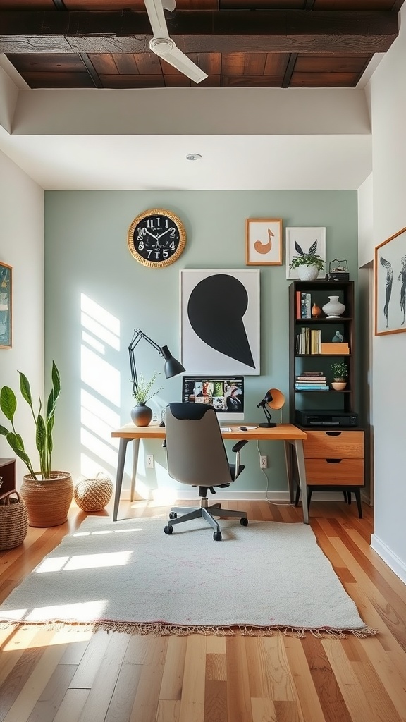 A modern home office featuring asymmetrical layouts with traditional Japanese design elements.
