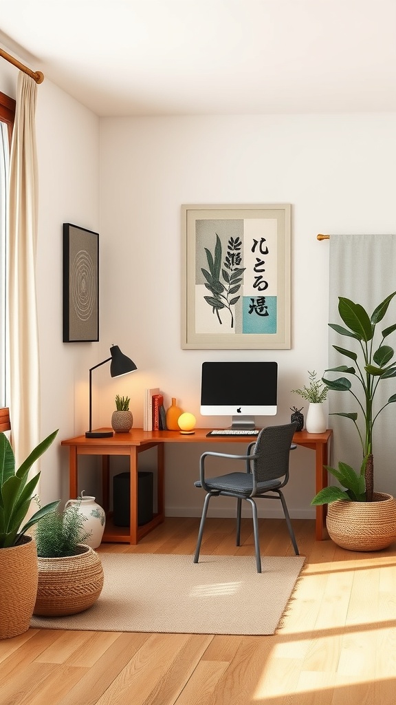 A balanced workspace featuring a wooden desk, computer, plants, and warm lighting, embodying Feng Shui principles.