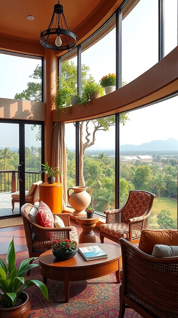 A cozy balcony workspace with large windows, wicker chairs, and plants, offering a view of greenery.