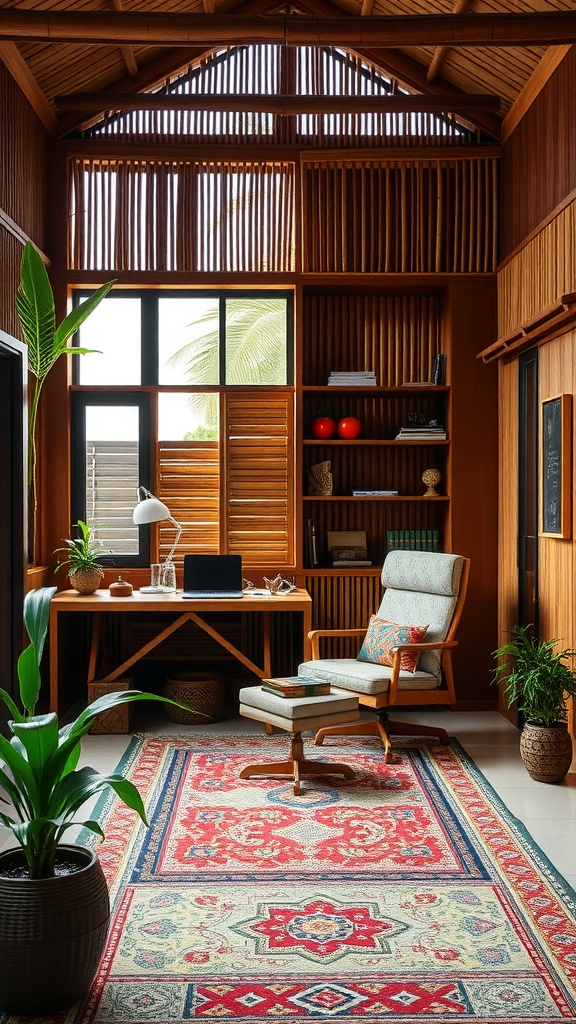 A cozy home office featuring bamboo walls, a wooden desk, and a vibrant rug, with plants adding a touch of nature.