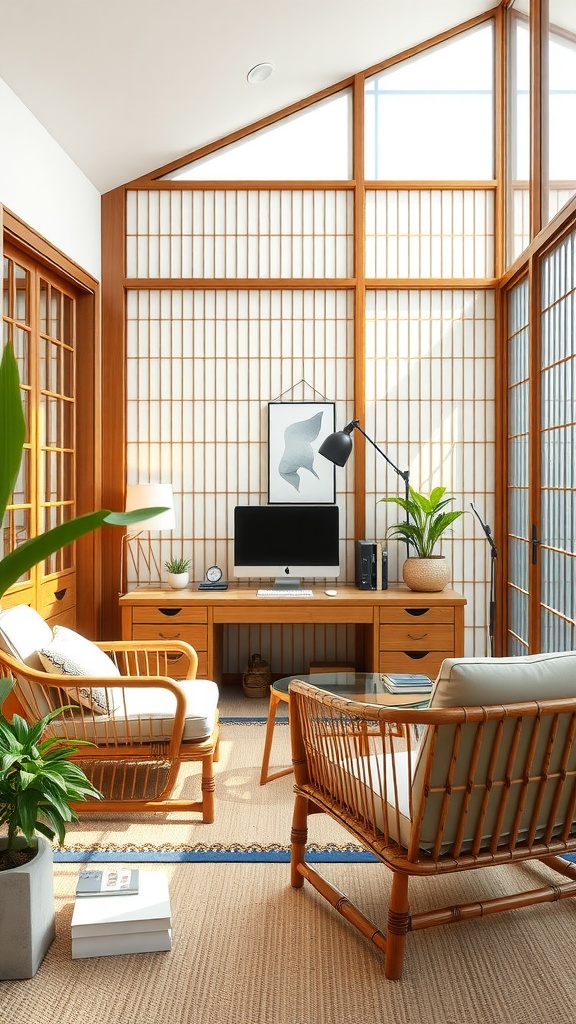 A cozy home office featuring bamboo furniture, with a desk, chairs, and natural light.